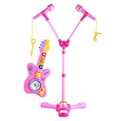 Kids Guitar Microphone Toys Set YIFAN Electric Musical Guitar With with Adjustable Microphone Set for Girls Boys Children - Pink