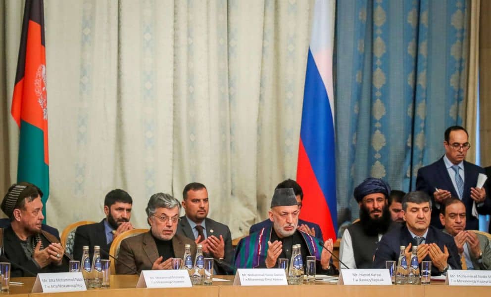 PHOTO: Afghan former President Hamid Karzai and other participants pray during a conference arranged by the Afghan diaspora in Moscow, Feb. 5, 2019.