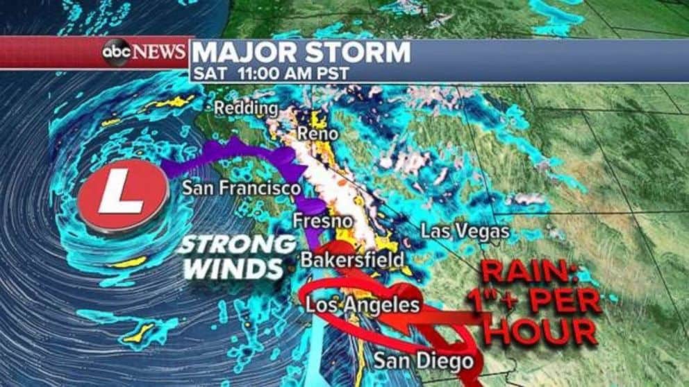 PHOTO: Rainfall rates of 1 inch per hour are possible in Southern California on Saturday.