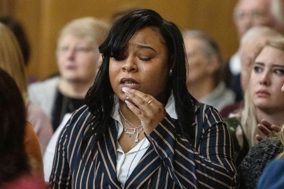 PHOTO: Shooting survivor, Tiana Carruthers, cries after addressing Jason Dalton before he was sentenced to life in prison without possibility of parole at the Kalamazoo County Courthouse in Kalamazoo, Mich., Feb. 5, 2019.